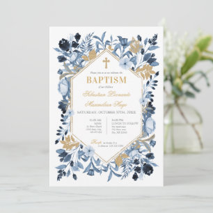 Navy Blue & Gold Floral Twin Boys Baptism Invitation