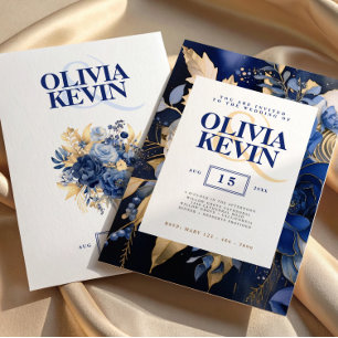 Navy Blue & Gold Floral Watercolor Elegant Wedding Invitation