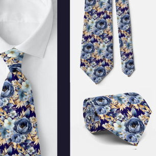 Navy Blue Gold Floral Watercolor Flowers Wedding  Tie