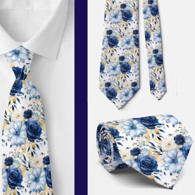 Navy Blue Gold Floral Watercolor Flowers Wedding  Tie (Creator Uploaded)