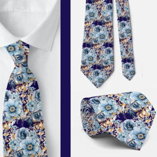 Navy Blue Gold Floral Watercolor Flowers Wedding  Tie