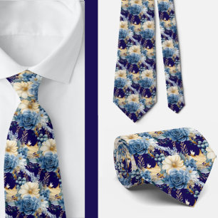 Navy Blue Gold Floral Watercolor Flowers Wedding Tie