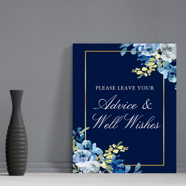 Navy Blue Gold Floral Wedding Advice & Well Wishes Poster (Creator Uploaded)