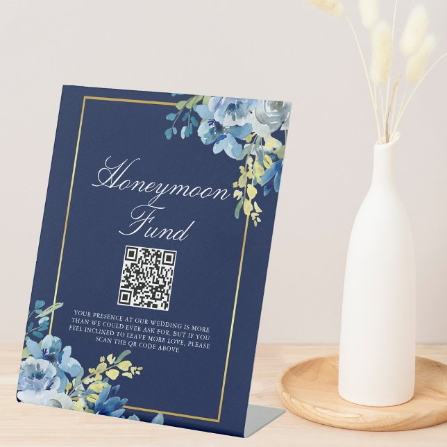 Navy Blue Gold Floral Wedding Chic Honeymoon Fund Pedestal Sign (Creator Uploaded)