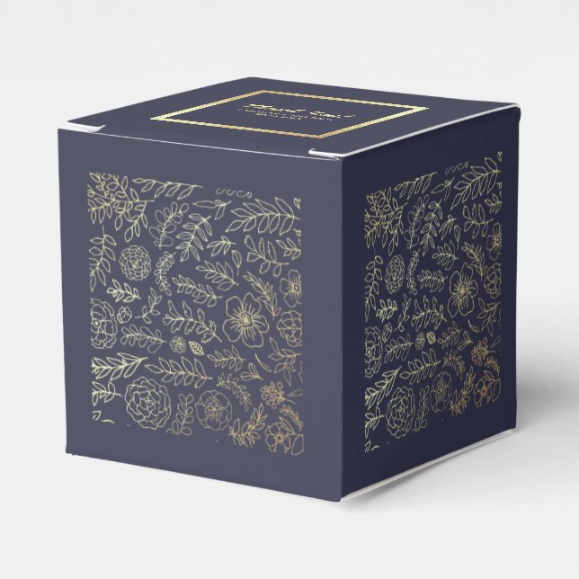 Navy Blue | Gold Floral Wedding Favour Boxes (Front Side)