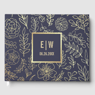 Navy Blue   Gold Floral Wedding  Guest Book