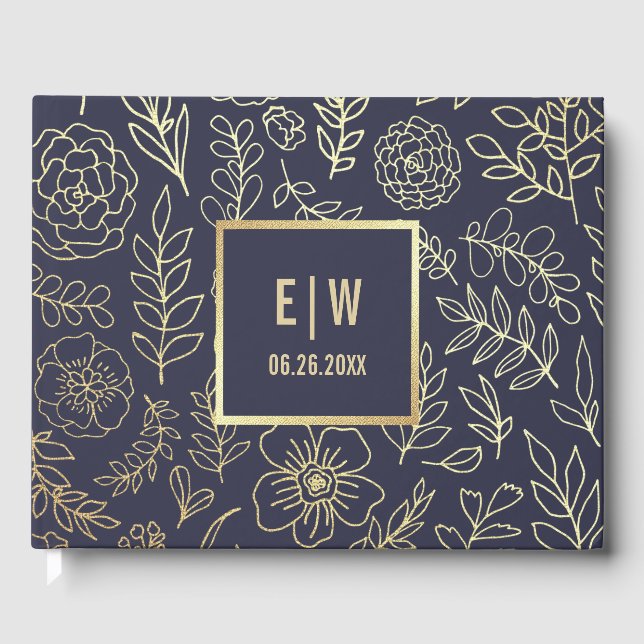 Navy Blue | Gold Floral Wedding  Guest Book (Front)