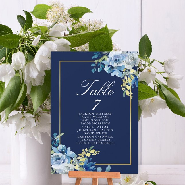 Navy Blue Gold Floral Wedding Table Names Card (Creator Uploaded)