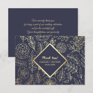 Navy Blue   Gold Floral Wedding Thank You Card