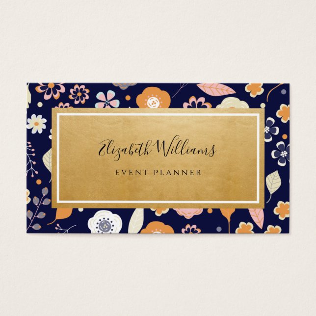 Navy Blue Gold Florals Event Planner Business Card (Front)