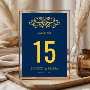 Navy Blue Gold Flourish Wedding Table Number