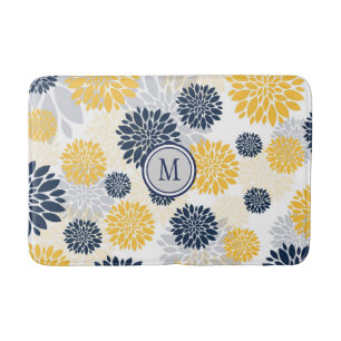 Navy Blue Gold  Flower Graphic Pattern Bath Mat