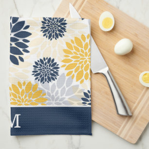 Navy Blue Gold Flower Pattern Monogram Kitchen Towel