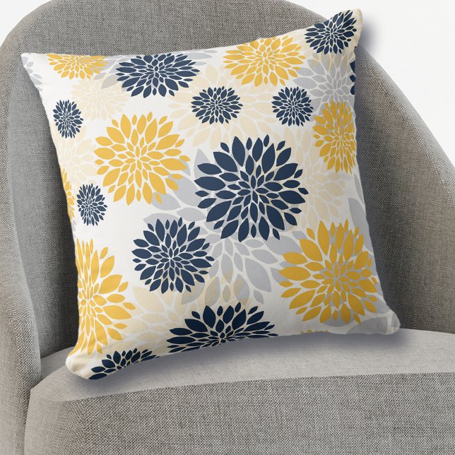 Navy Blue Gold  Flower Pattern Throw Pillow (Creator Uploaded)