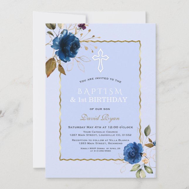 Navy Blue Gold Flowers Boy 1st Birthday & Baptism Invitation (Front)