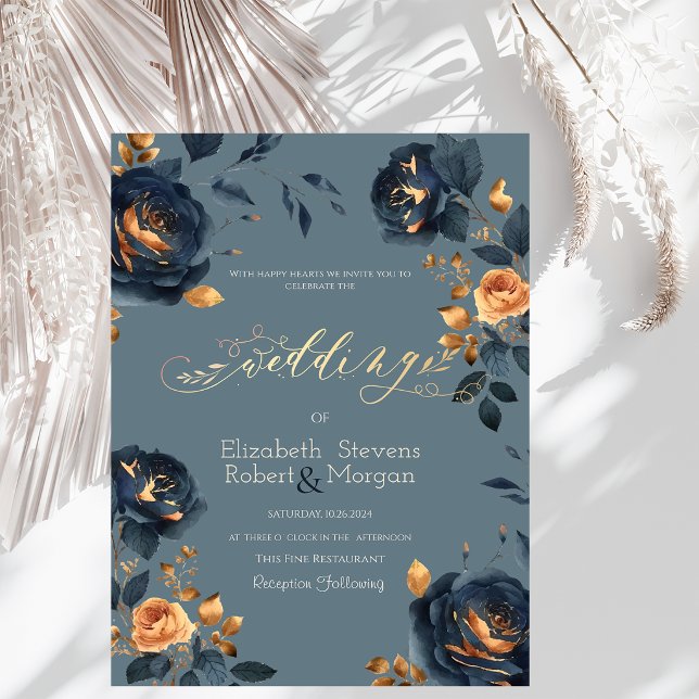 Navy Blue Gold Flowers Wedding Invitation (Creator Uploaded)
