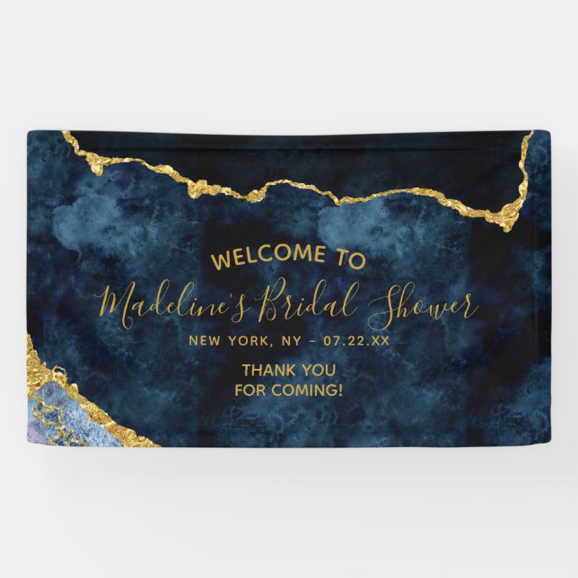 Navy Blue Gold Foil Agate Bridal Shower Welcome Banner (Horizontal)