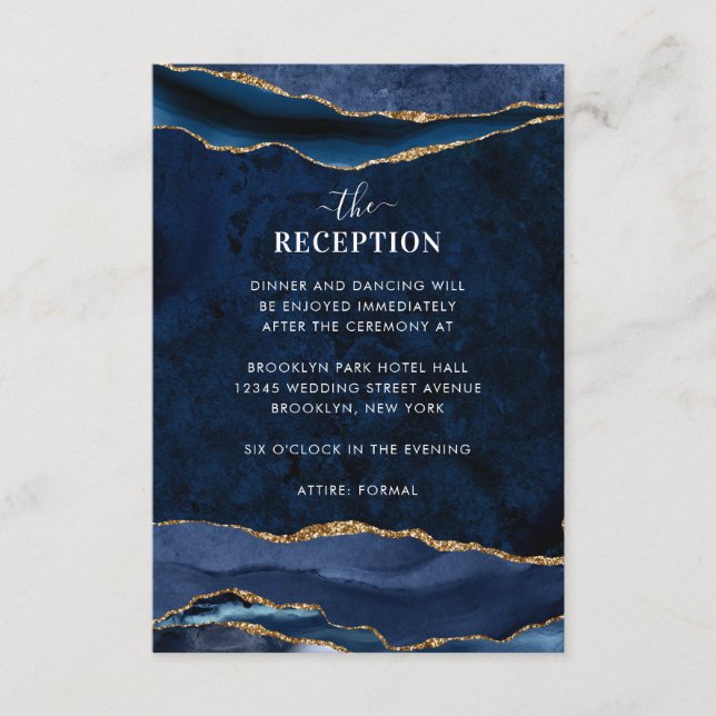 Navy Blue Gold Foil Agate Geode Wedding Reception Enclosure Card (Front)