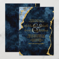 Navy Blue Gold Foil Agate Gilt Wedding Invitations
