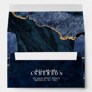Navy Blue Gold Foil Agate Marble Geode Wedding Envelope