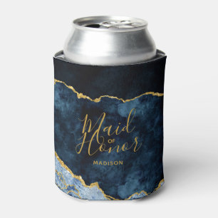Navy Blue & Gold Foil Agate Marble Maid of Honour Can Cooler