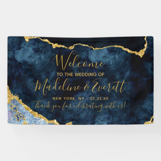 Navy Blue Gold Foil Agate Marble Wedding Welcome Banner (Horizontal)