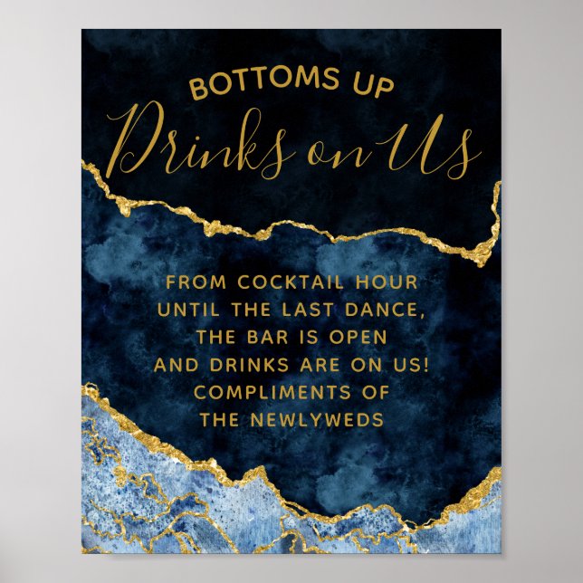 Navy Blue & Gold Foil Agate Open Bar Table Sign (Front)