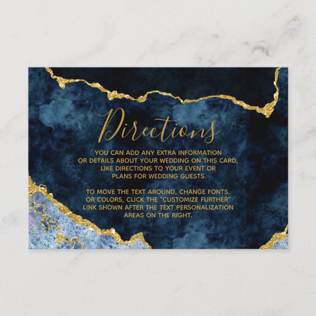 Navy Blue Gold Foil Agate Wedding Directions Enclosure Card (Front)