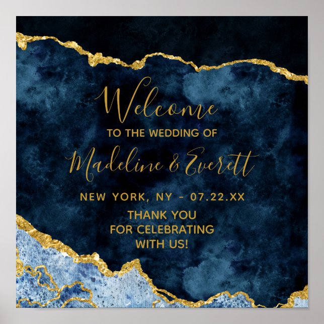 Navy Blue Gold Foil Agate Wedding Welcome Sign (Front)