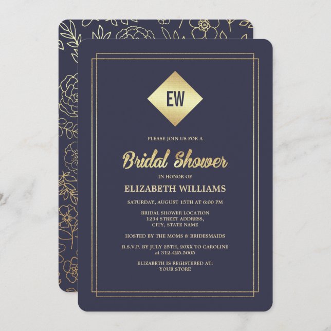 Navy Blue | Gold Foil Bridal Shower Invitation (Front/Back)