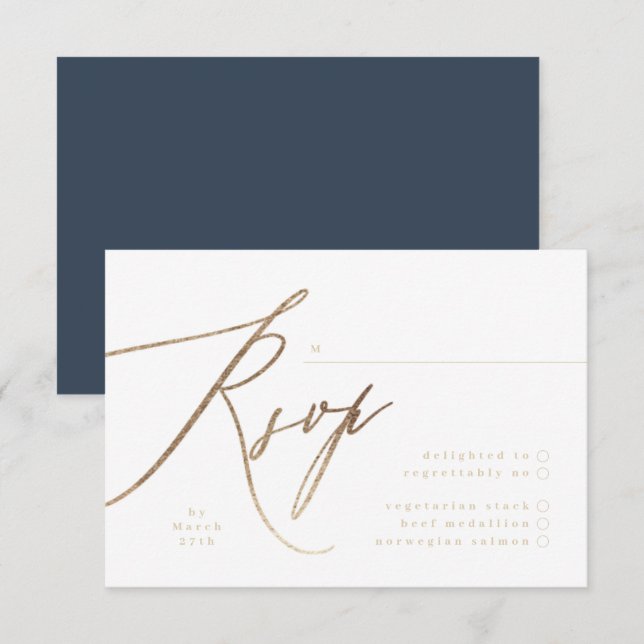 Navy Blue & Gold Foil Calligraphy Wedding RSVP Card (Front/Back)
