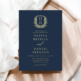 Navy Blue Gold Foil Crest Monogram Wedding