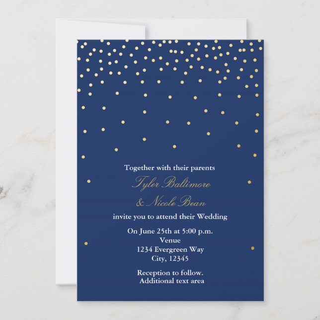 Navy Blue Gold Foil Dots Modern Wedding Invitation (Front)