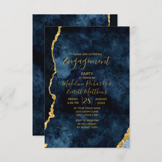 Navy Blue Gold Foil Engagement Party Invitation (Front/Back)