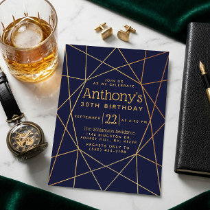 Navy Blue & Gold Foil Geometric Pattern Birthday Invitation