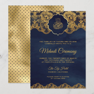 Navy Blue Gold Foil Lace Islamic Mehndi Invitation