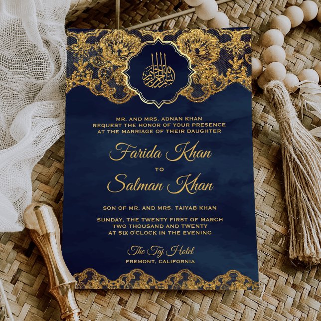 Navy Blue Gold Foil Lace Islamic Muslim Wedding Invitation (Creator Uploaded)