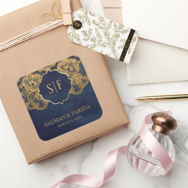 Navy Blue Gold Foil Lace Monogram Wedding Favour Square Sticker (Gifting)