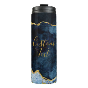 Navy Blue & Gold Foil Marble Agate Custom Text Thermal Tumbler