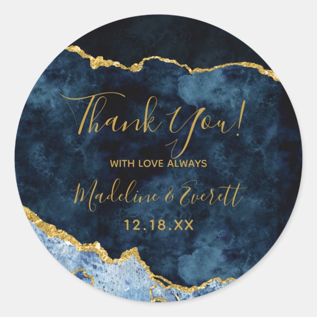 Navy Blue Gold Foil Marble Agate Wedding Thank You Classic Round Sticker (Front)