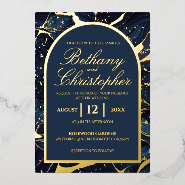 Navy Blue & Gold Foil Marble Wedding Invitations (Front)
