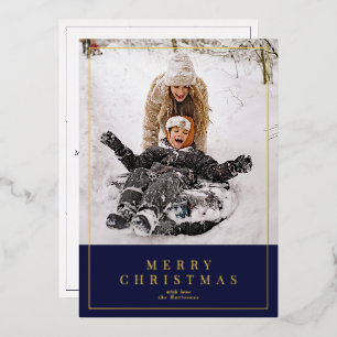 Navy blue gold foil Merry Christmas family photo  Foil Holiday Card