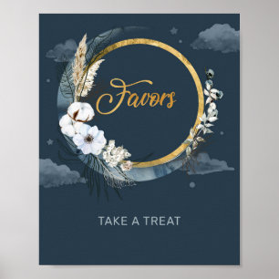 Navy blue gold foil moon pampas boho floral favour poster