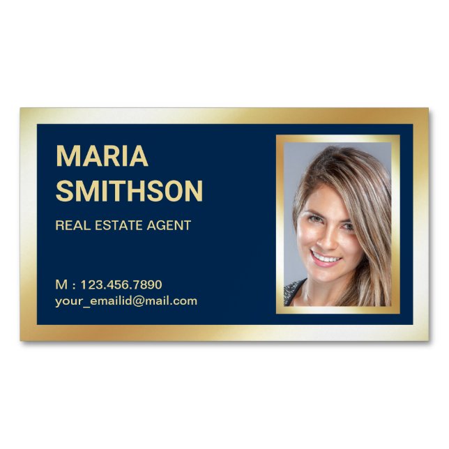 Navy Blue Gold Foil Real Estate Realtor Photo Magnetic Business Card (Front)
