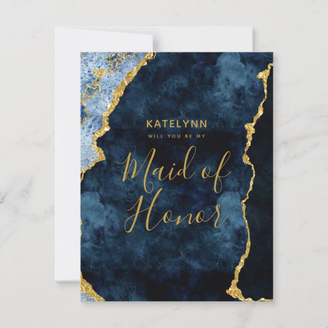 Navy Blue Gold Foil Will You Be My Maid of Honour Invitation (Front)