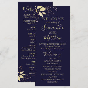 Navy Blue & Gold Foliage Botanical Wedding Program