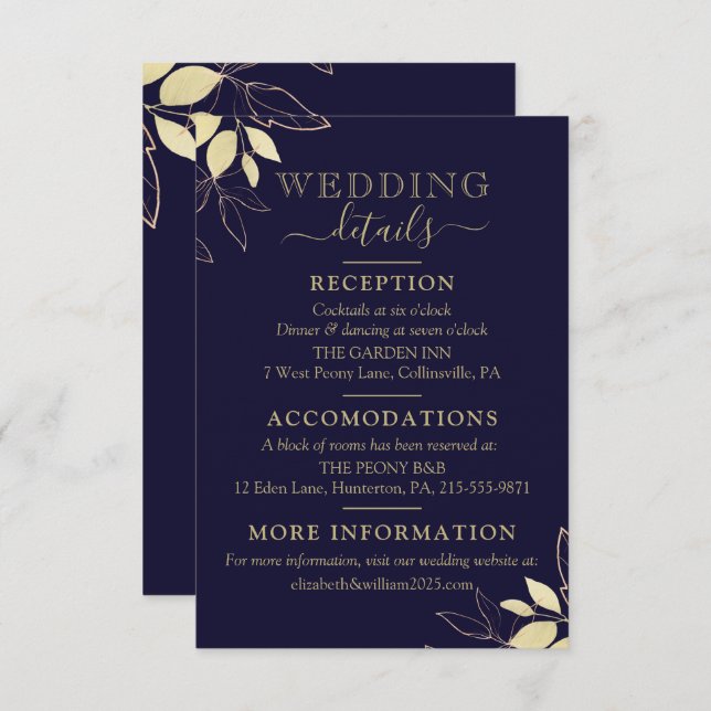 Navy Blue & Gold Foliage Modern Botanical Wedding Enclosure Card (Front/Back)