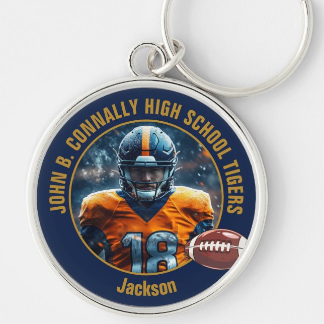 Navy Blue Gold Football Player Photo Commemorative Keychain (Front)