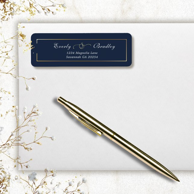 Navy Blue Gold Frame Elegant Simple Return Address (Creator Uploaded)