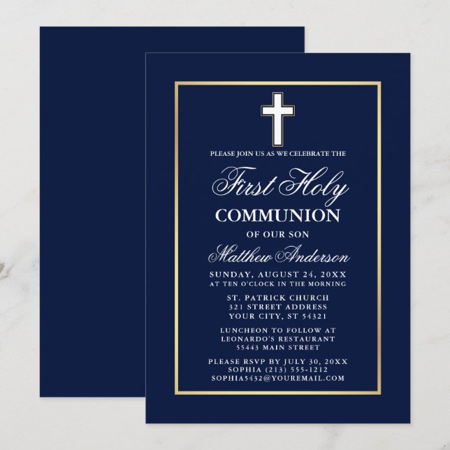 Navy Blue Gold Frame First Holy Communion Invitation (Front/Back)